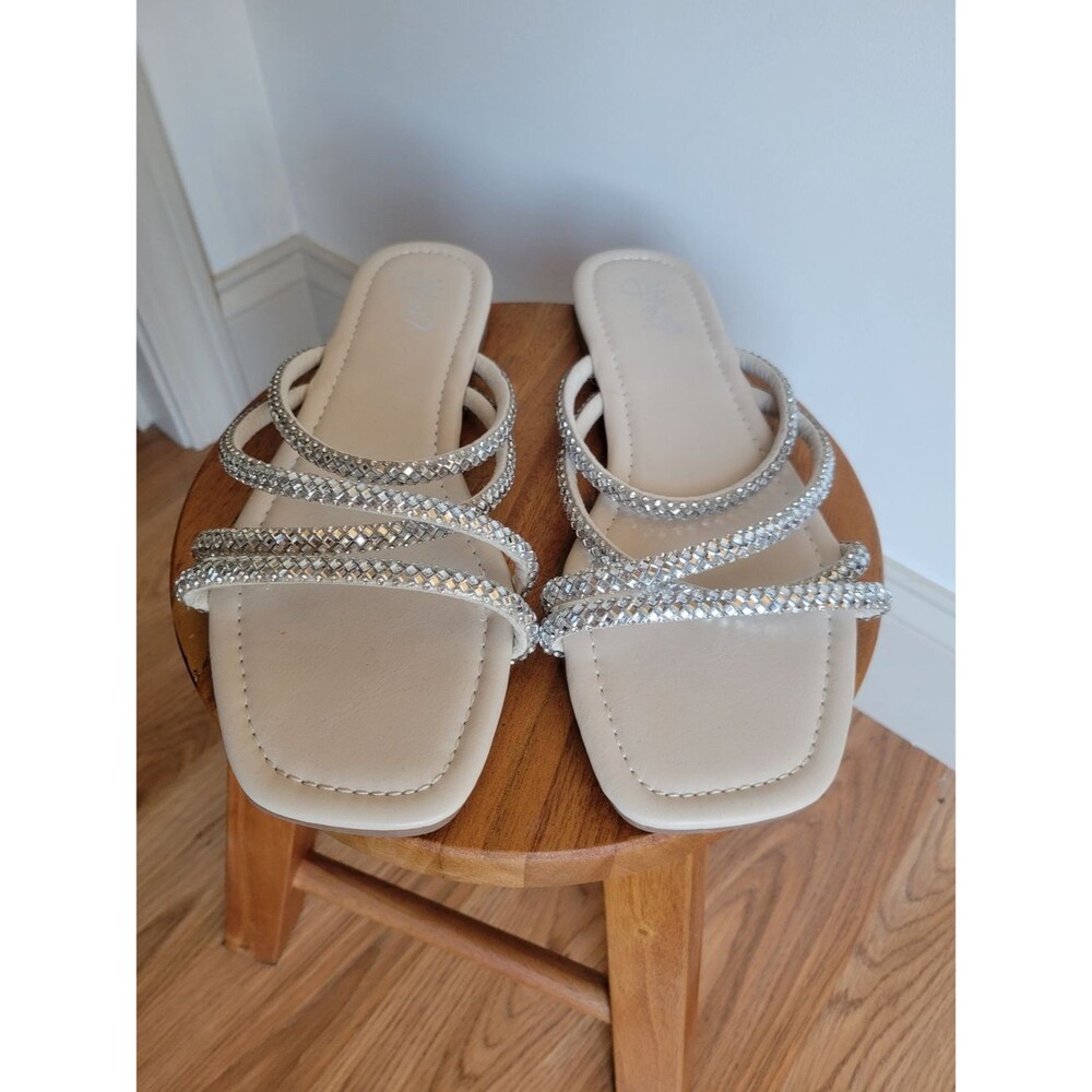 Rhinestone-Strap Cream Slide Sandals Summer Festival Size 8.5